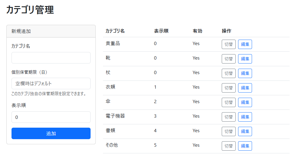 マスタ管理画面のスクリーンショット