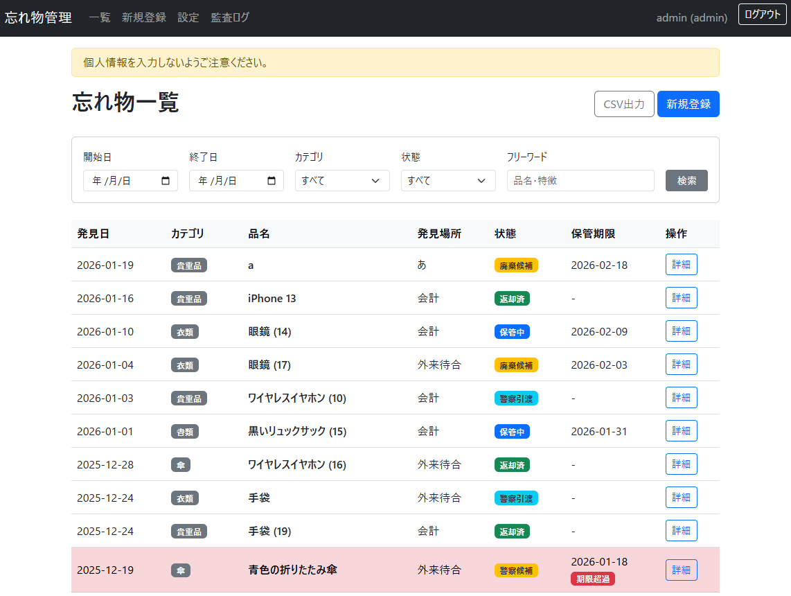 メインダッシュボードのスクリーンショット